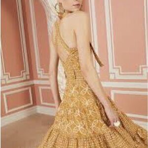 Ulla Johnson Stevie Dress in Ochre Batik Print Mustard Yellow Midi Length